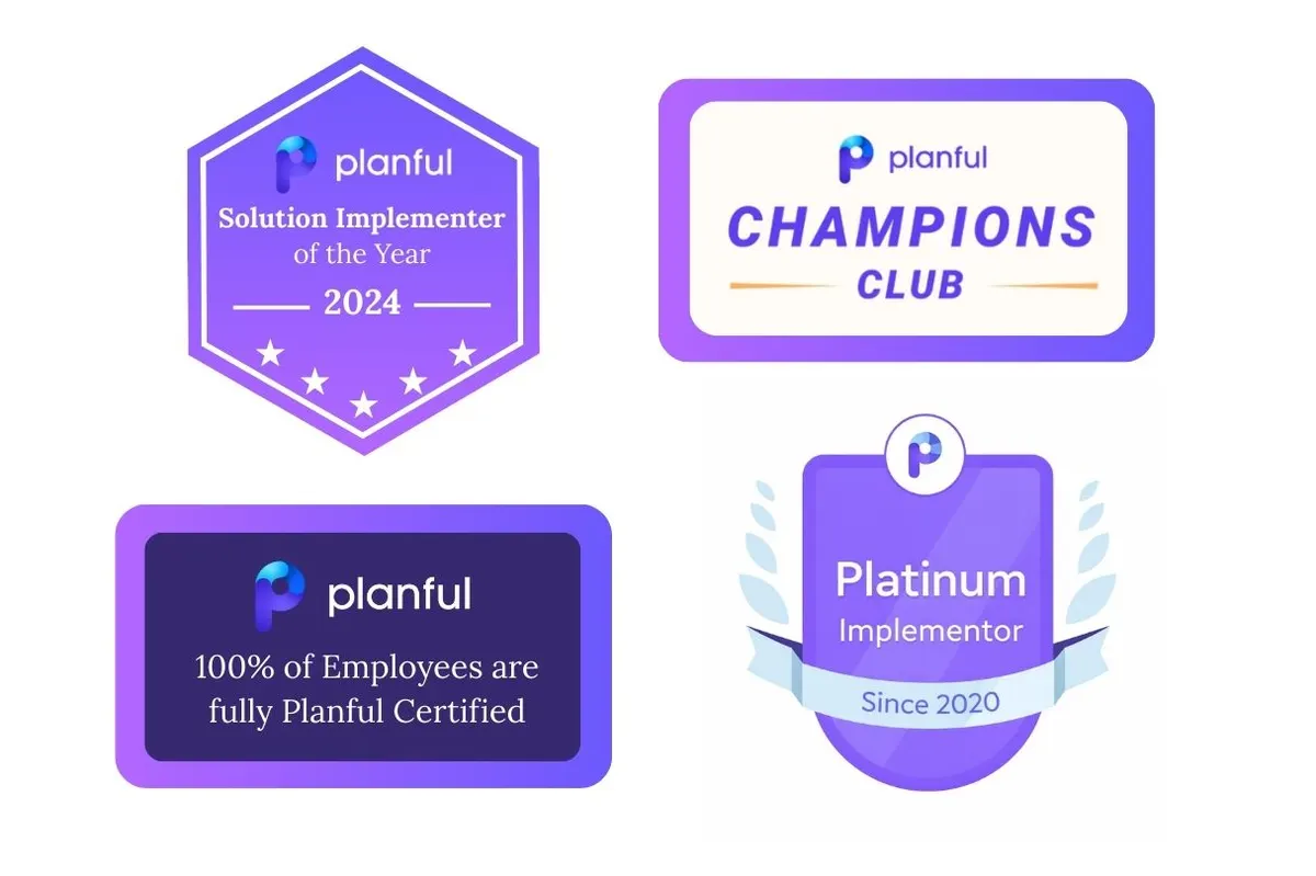 Four Planful badges: Solution Implementer of the Year 2024 with five stars, Champions Club, 100% of employees are fully Planful certified, and Platinum Implementor since 2020 with laurel wreath.